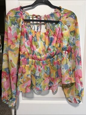Floral Smocked Waist Sheer Blouse - Pink Multi